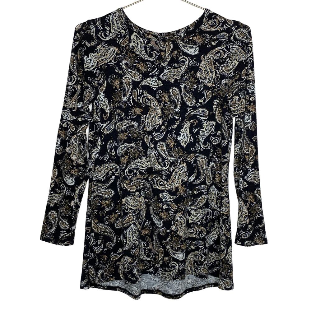J‎ Jill Womens Size XSP Floral Paisley Tunic Top Black Brown Back Buttons Petite